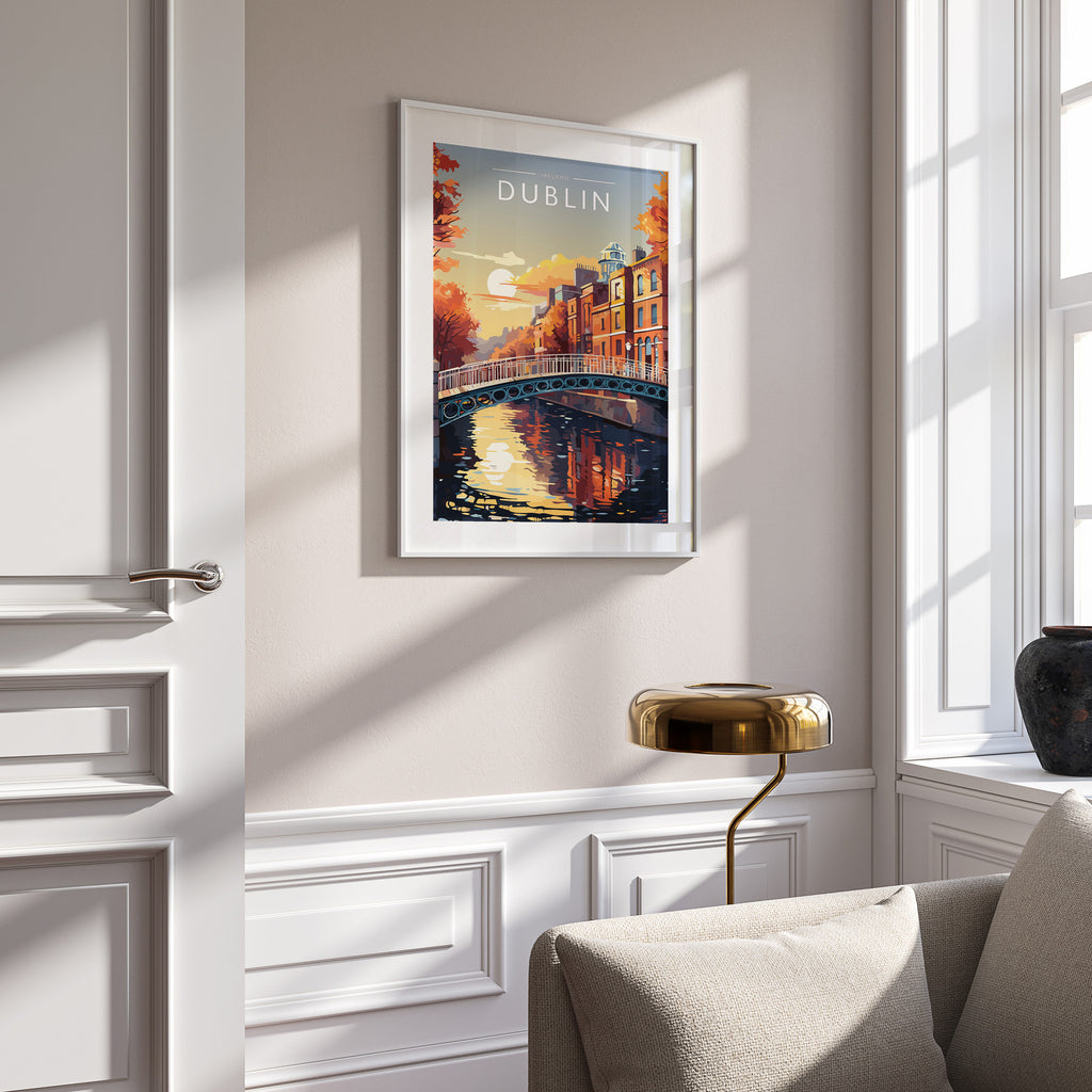 Dublin #3 Travel Poster in a white frame on a panelled wall