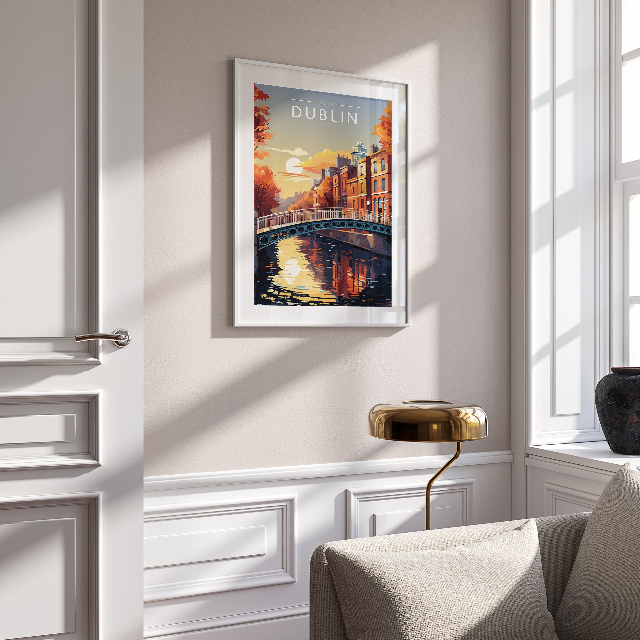 Dublin #3 Travel Poster in a white frame on a panelled wall