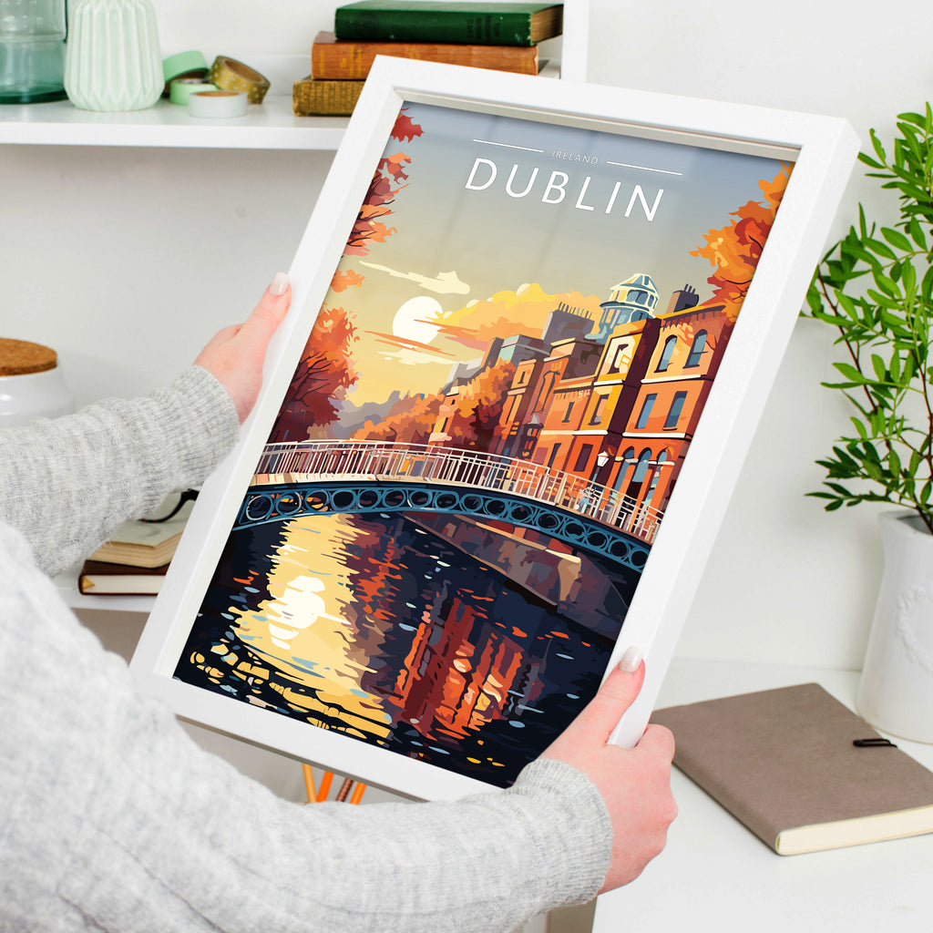 Dublin #3 Travel Poster in a white frame, held to show scale