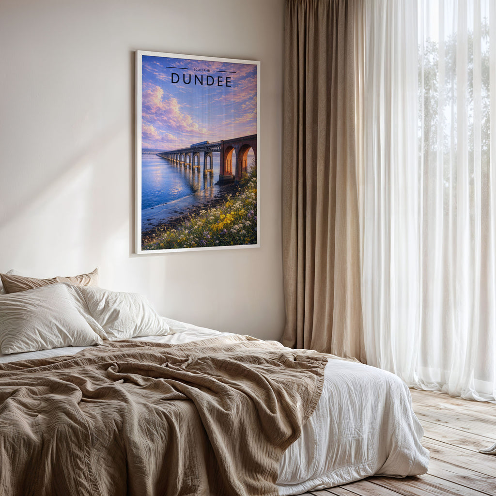 Dundee Travel Poster framed on a bedroom wall