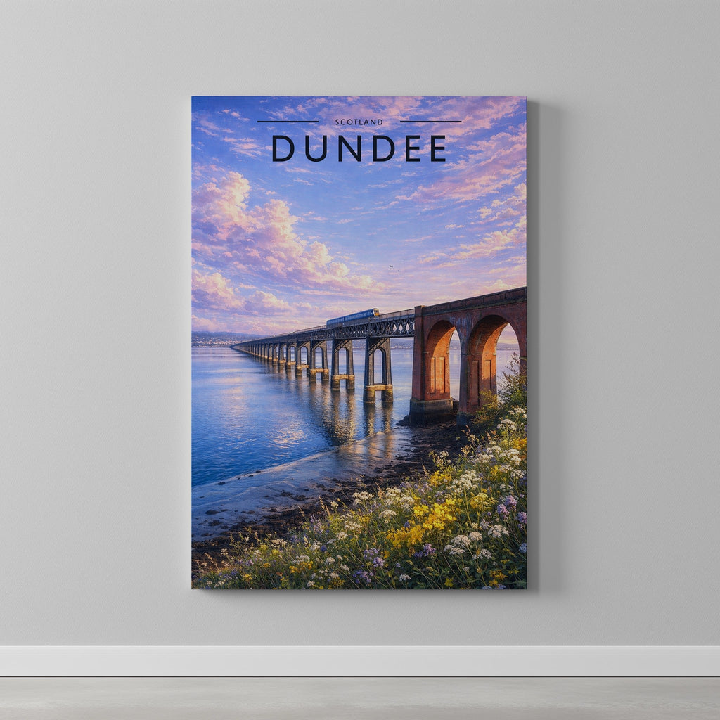 Dundee Travel Poster as a gallery-wrapped canvas on a plain wall