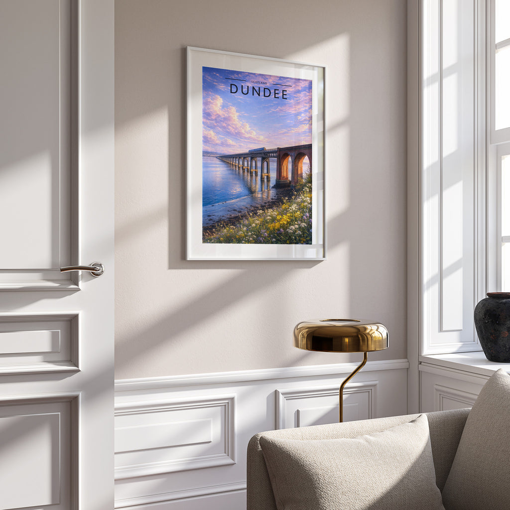 Dundee Travel Poster in a white frame on a panelled wall