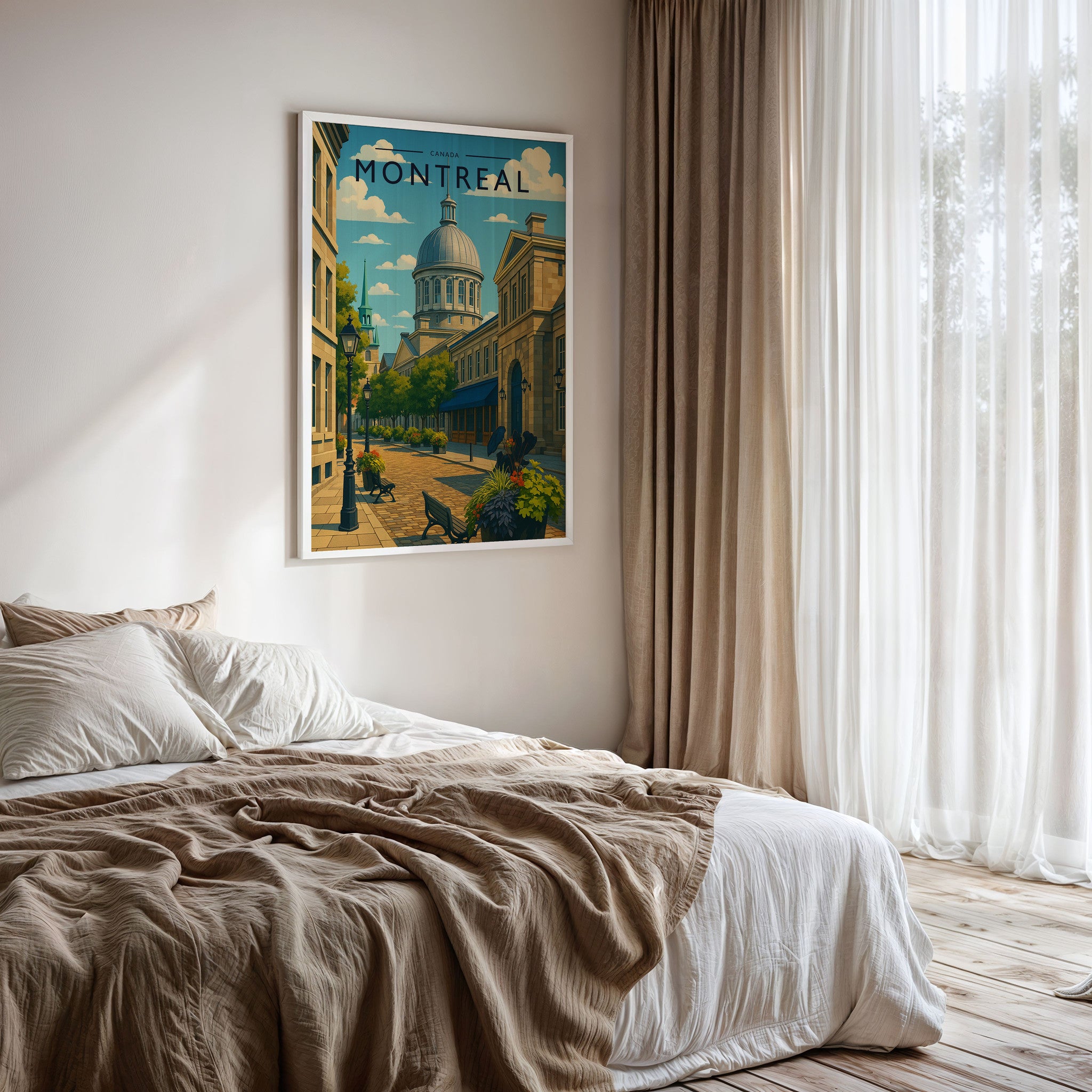 Montreal Travel Poster framed on a bedroom wall