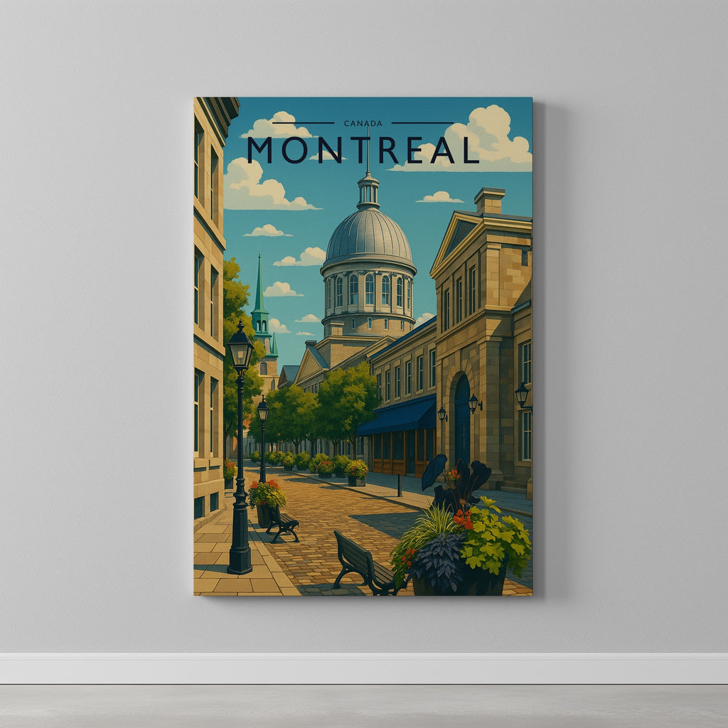 Montreal Travel Poster as a gallery-wrapped canvas on a plain wall