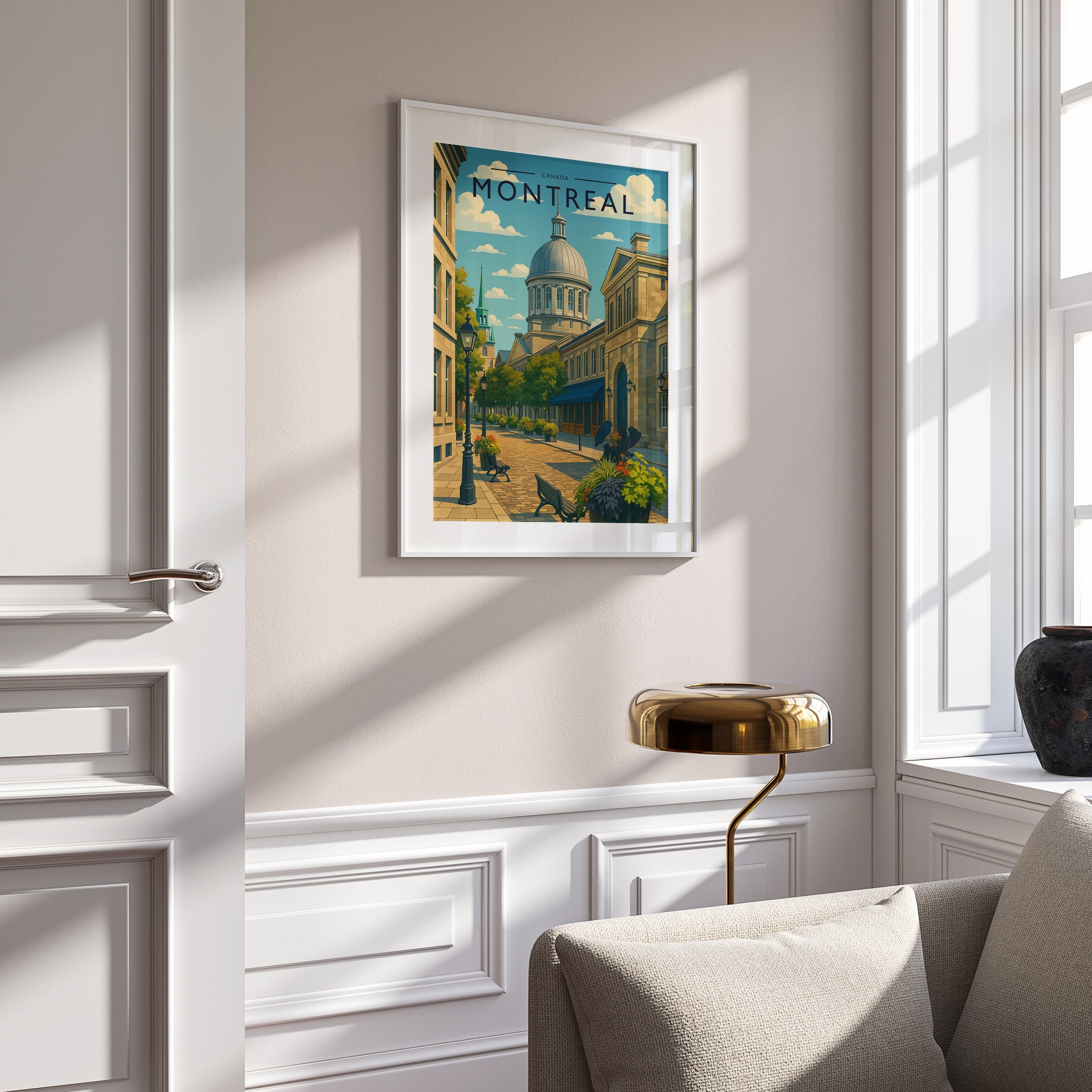 Montreal Travel Poster in a white frame on a panelled wall