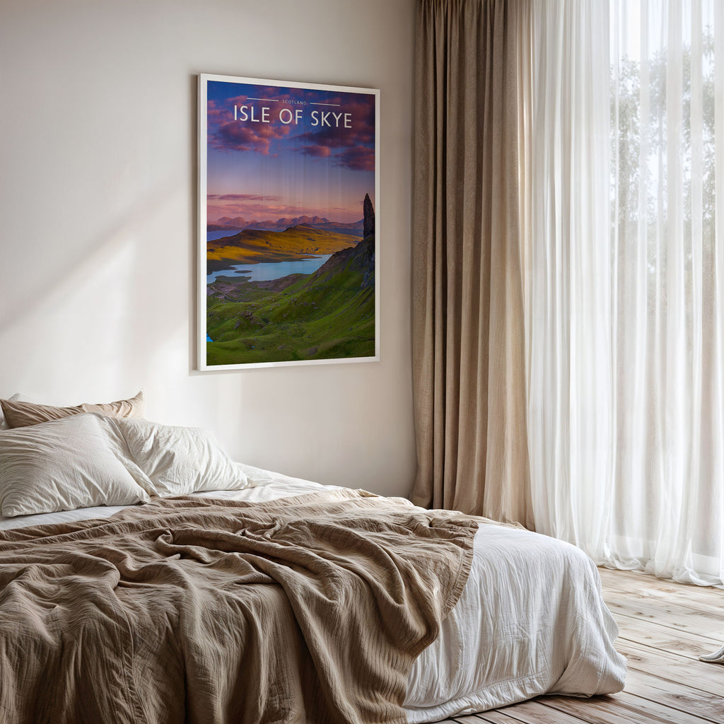 Isle of Skye Travel Poster framed on a bedroom wall
