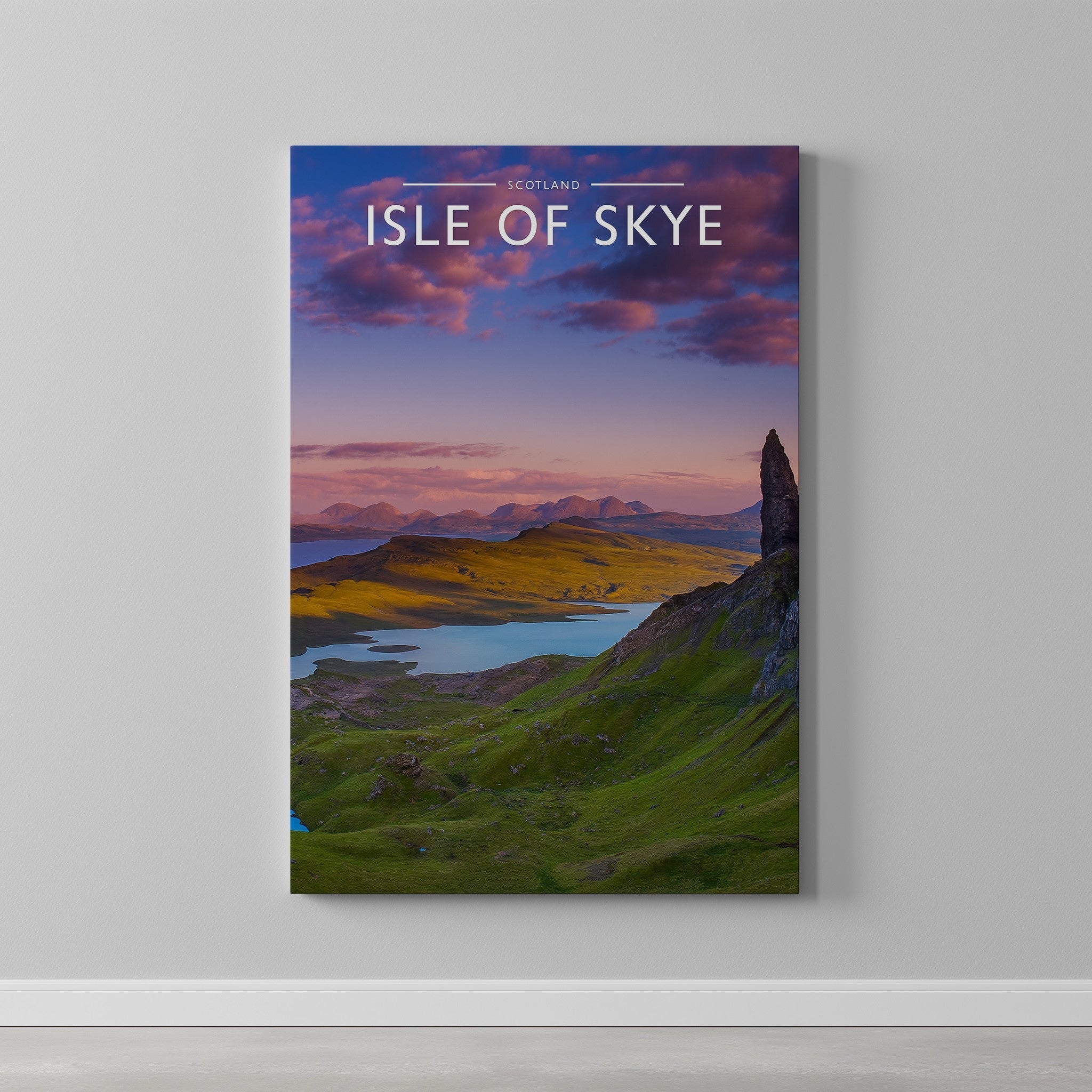 Isle of Skye Travel Poster as a gallery-wrapped canvas on a plain wall