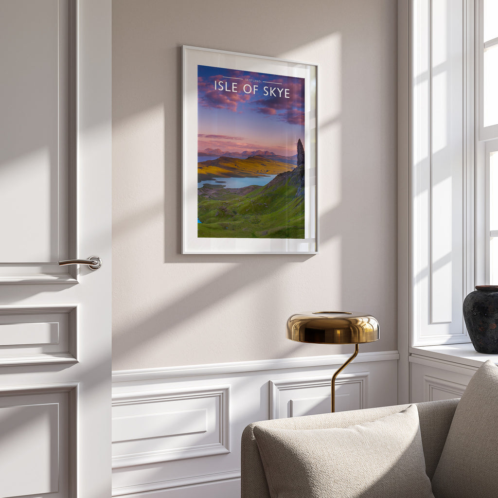 Isle of Skye Travel Poster in a white frame on a panelled wall