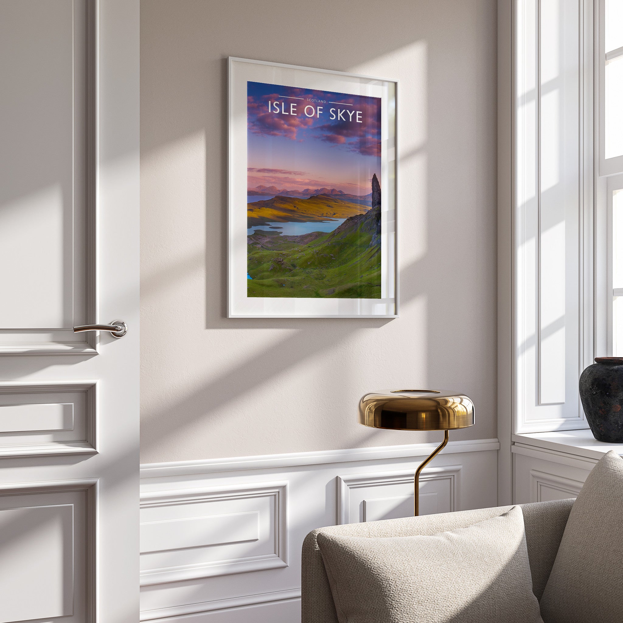 Isle of Skye Travel Poster in a white frame on a panelled wall