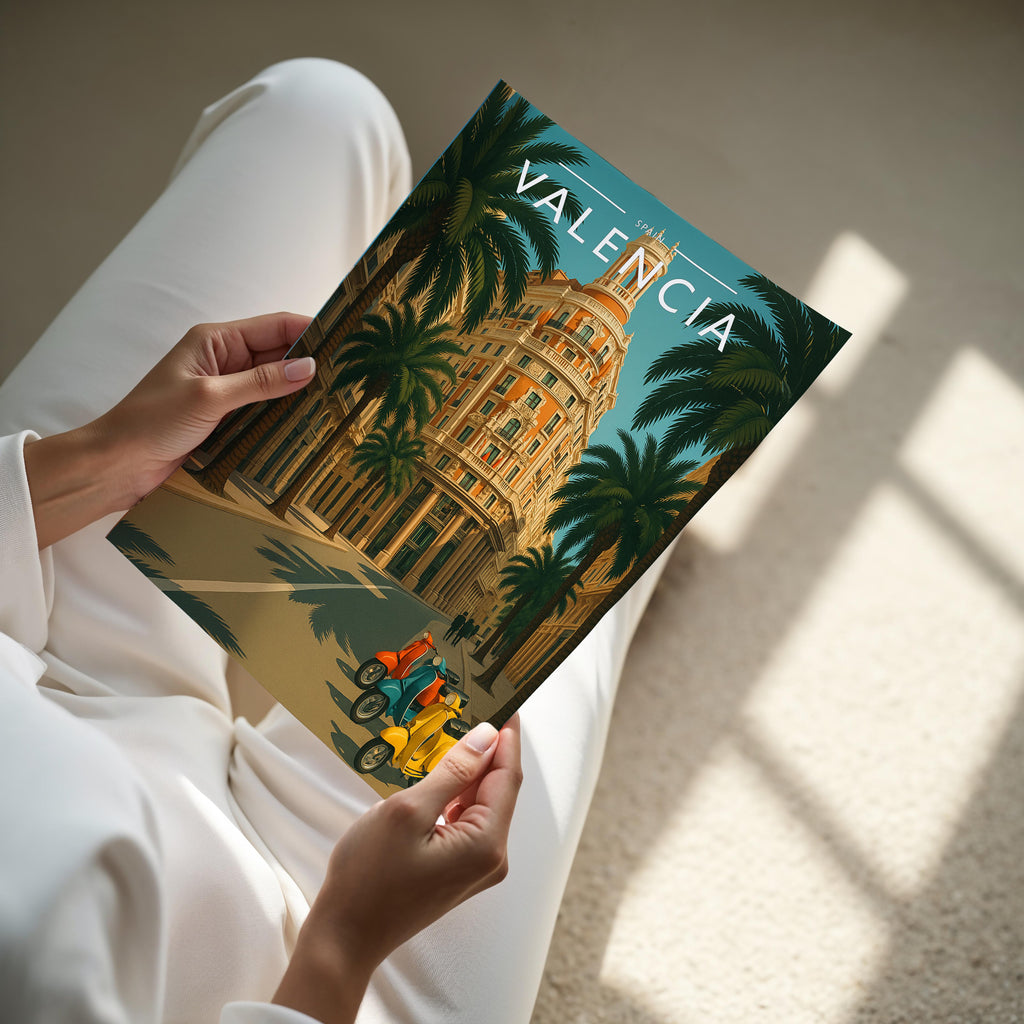 Valencia Travel Poster - A4 print held in hand