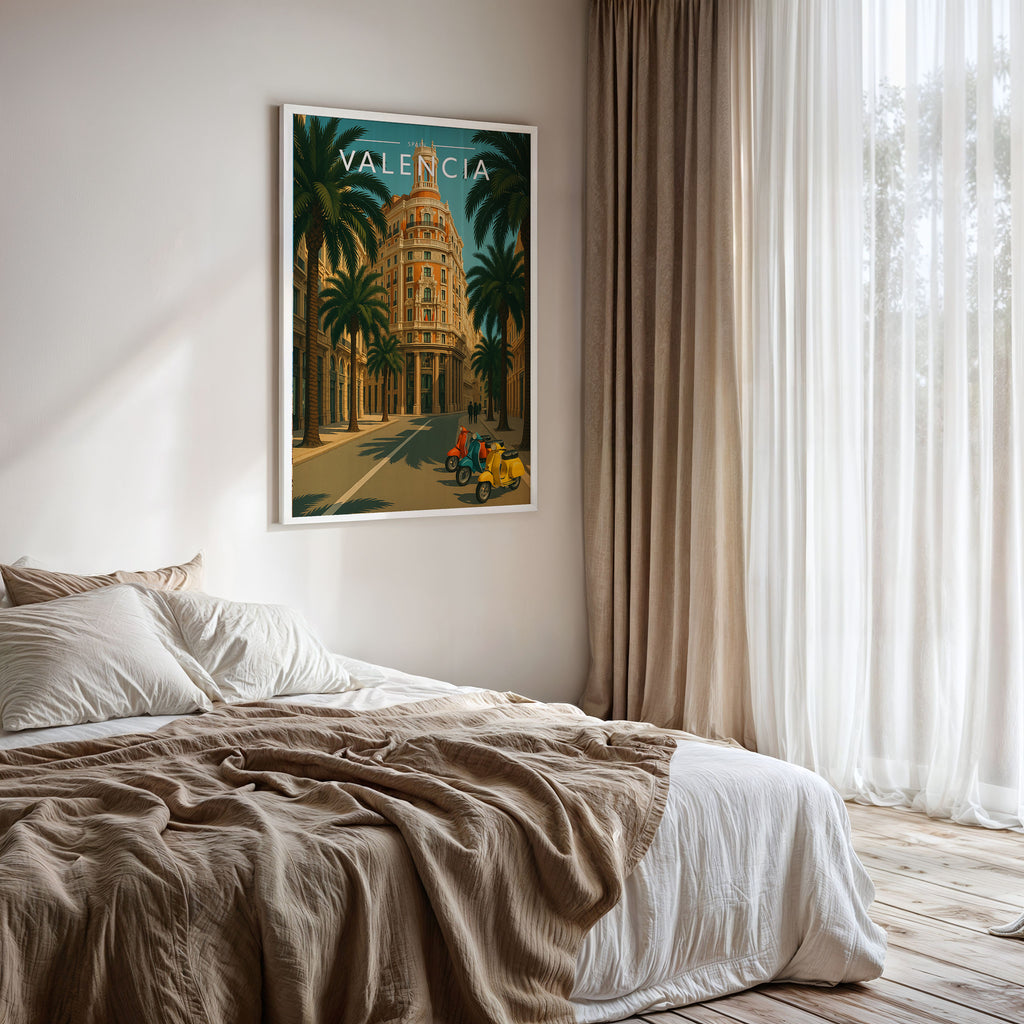 Valencia Travel Poster framed on a bedroom wall