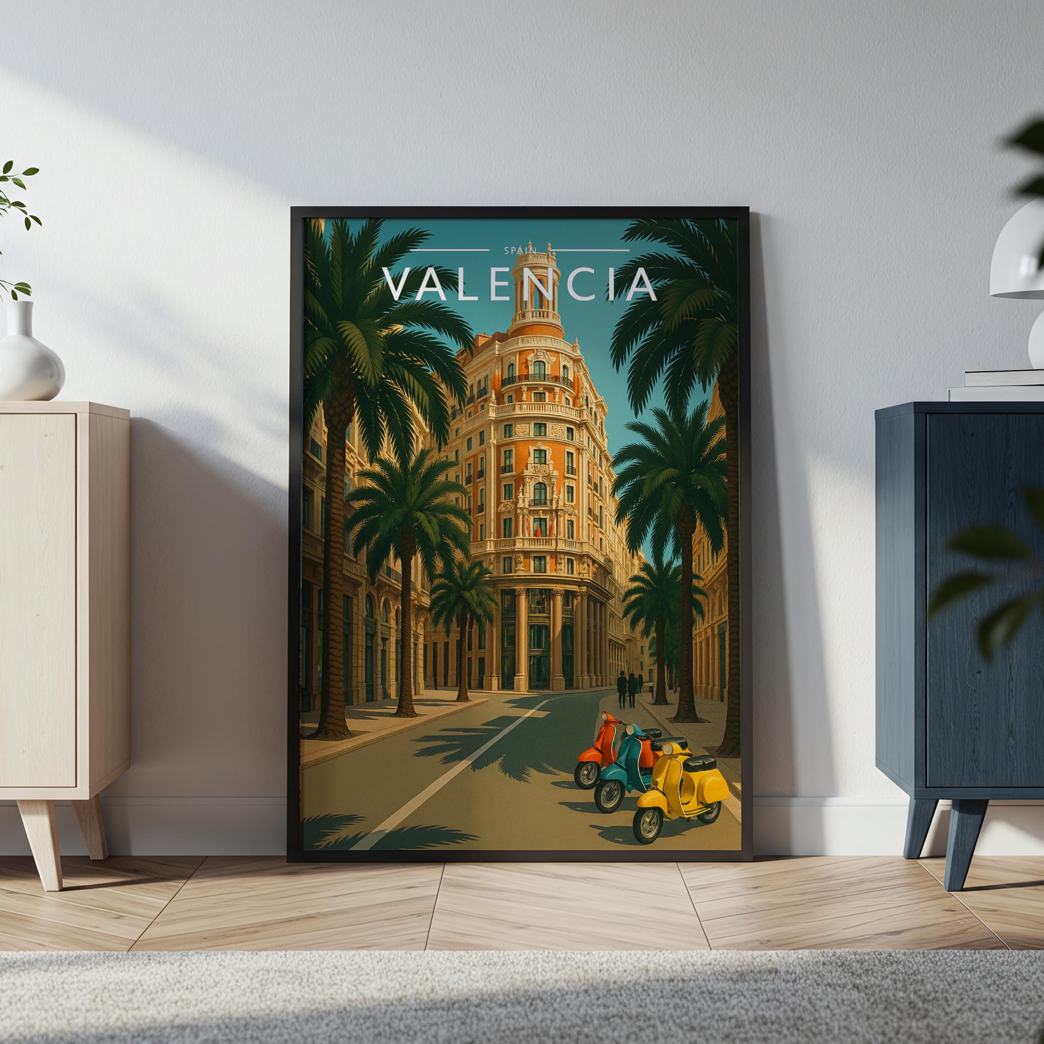 Valencia Travel Poster in a black frame
