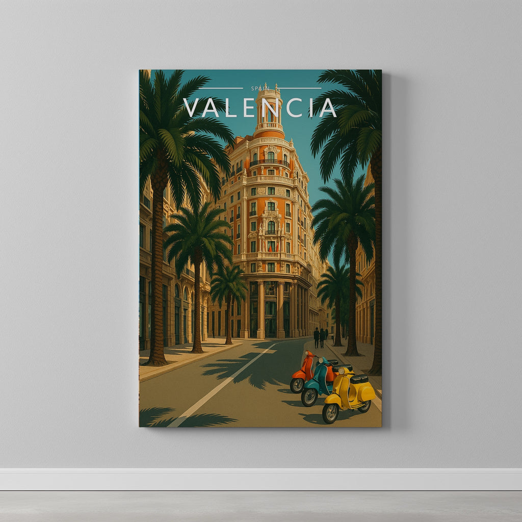 Valencia Travel Poster as a gallery-wrapped canvas on a plain wall