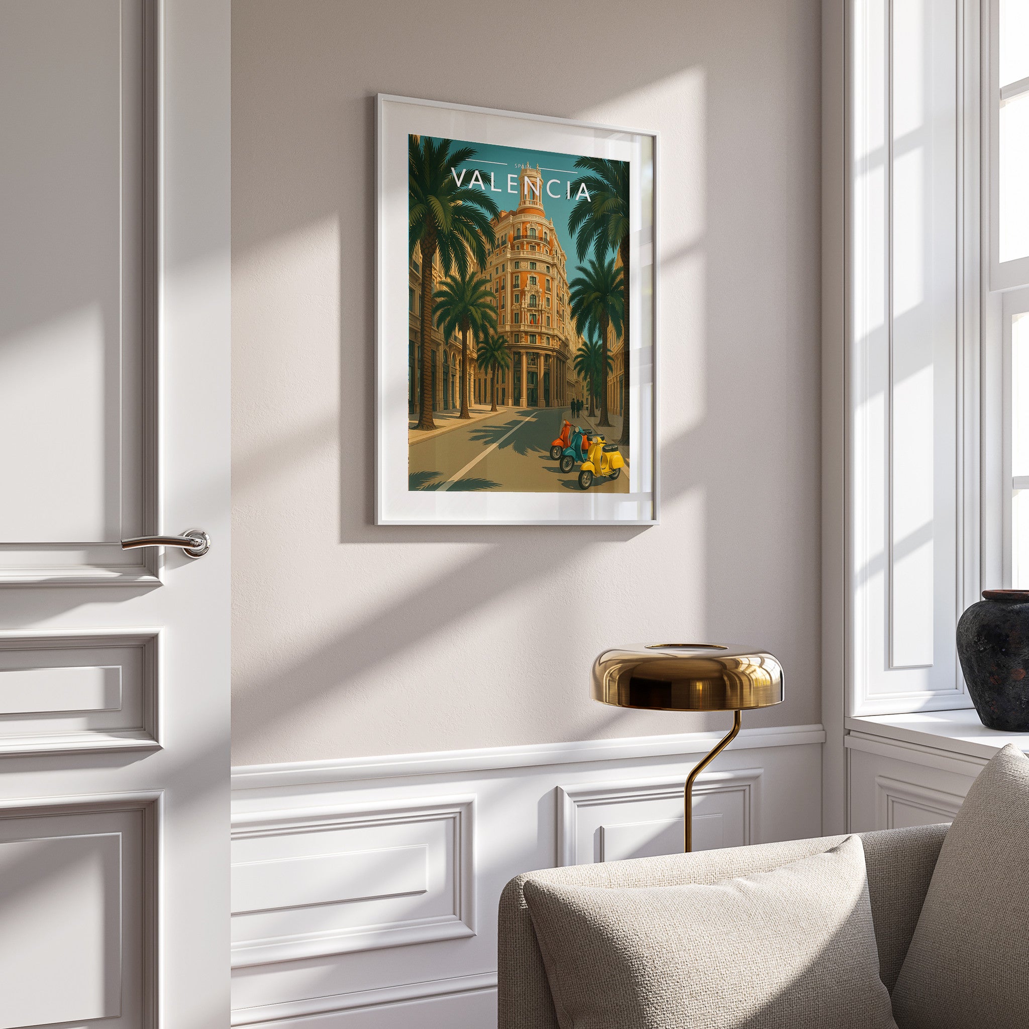 Valencia Travel Poster in a white frame on a panelled wall