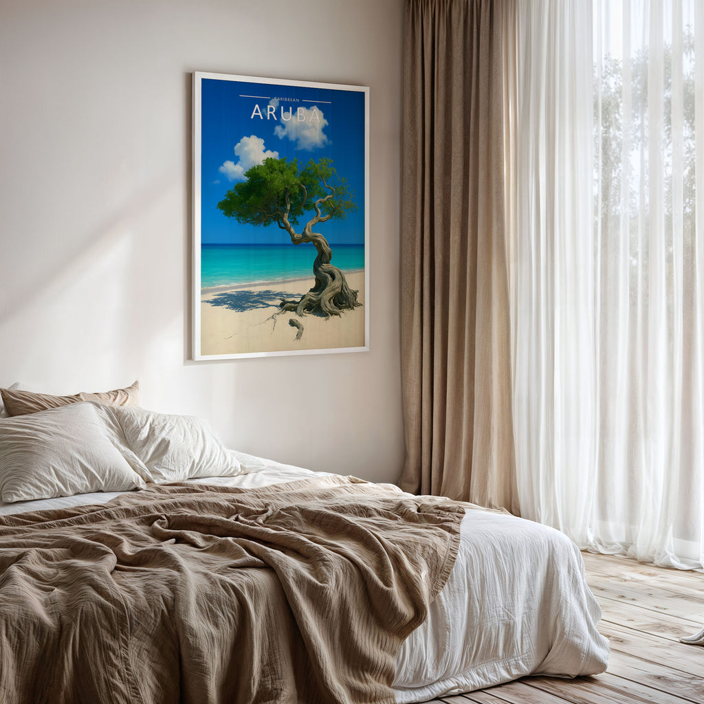 Aruba #2 Travel Poster framed on a bedroom wall
