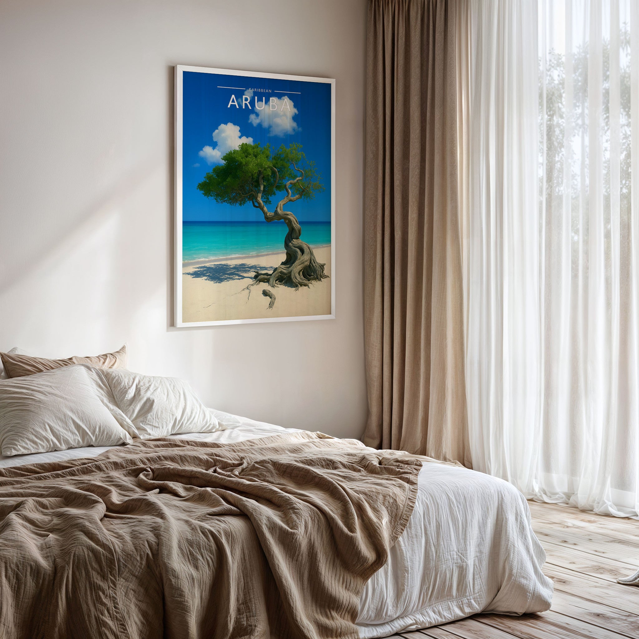 Aruba #2 Travel Poster framed on a bedroom wall