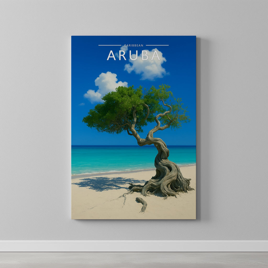 Aruba #2 Travel Poster as a gallery-wrapped canvas on a plain wall