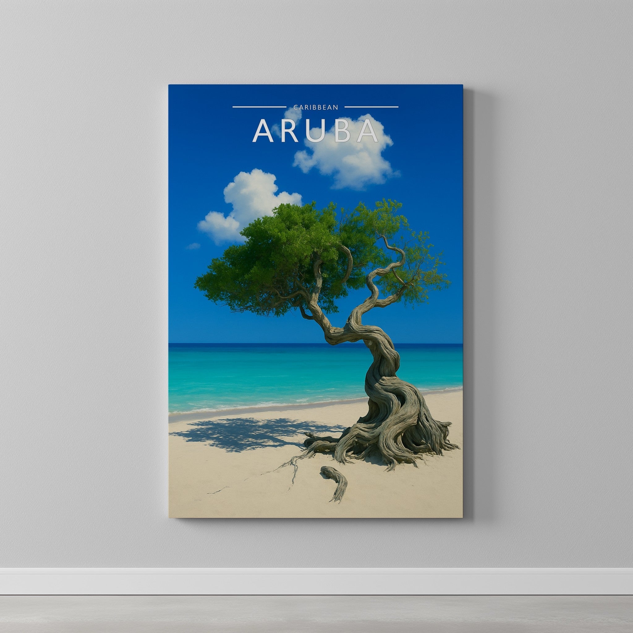 Aruba #2 Travel Poster as a gallery-wrapped canvas on a plain wall