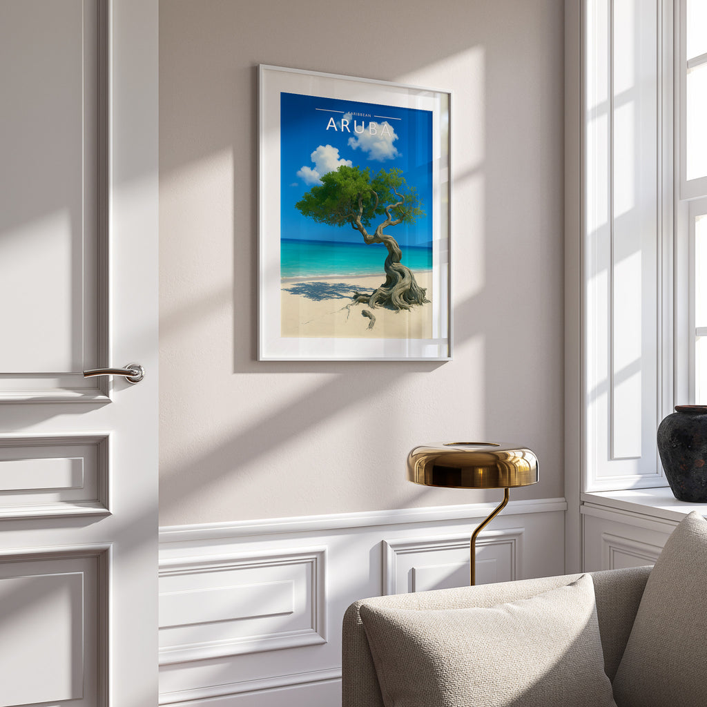 Aruba #2 Travel Poster in a white frame on a panelled wall