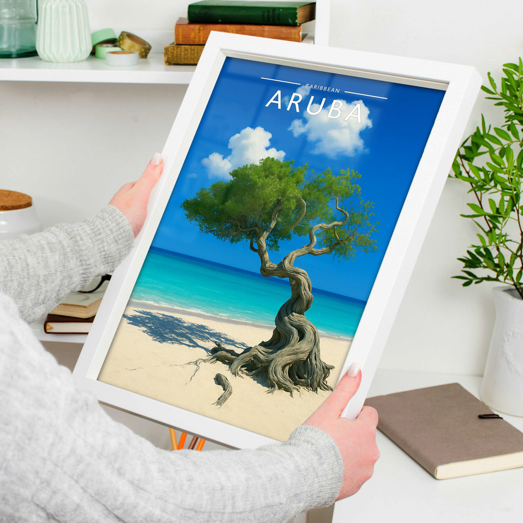 Aruba #2 Travel Poster in a white frame, held to show scale