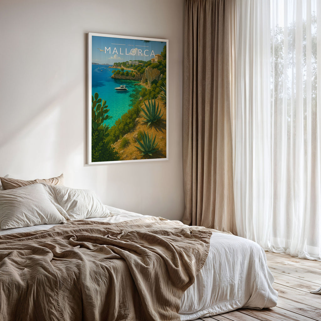 Mallorca Travel Poster framed on a bedroom wall