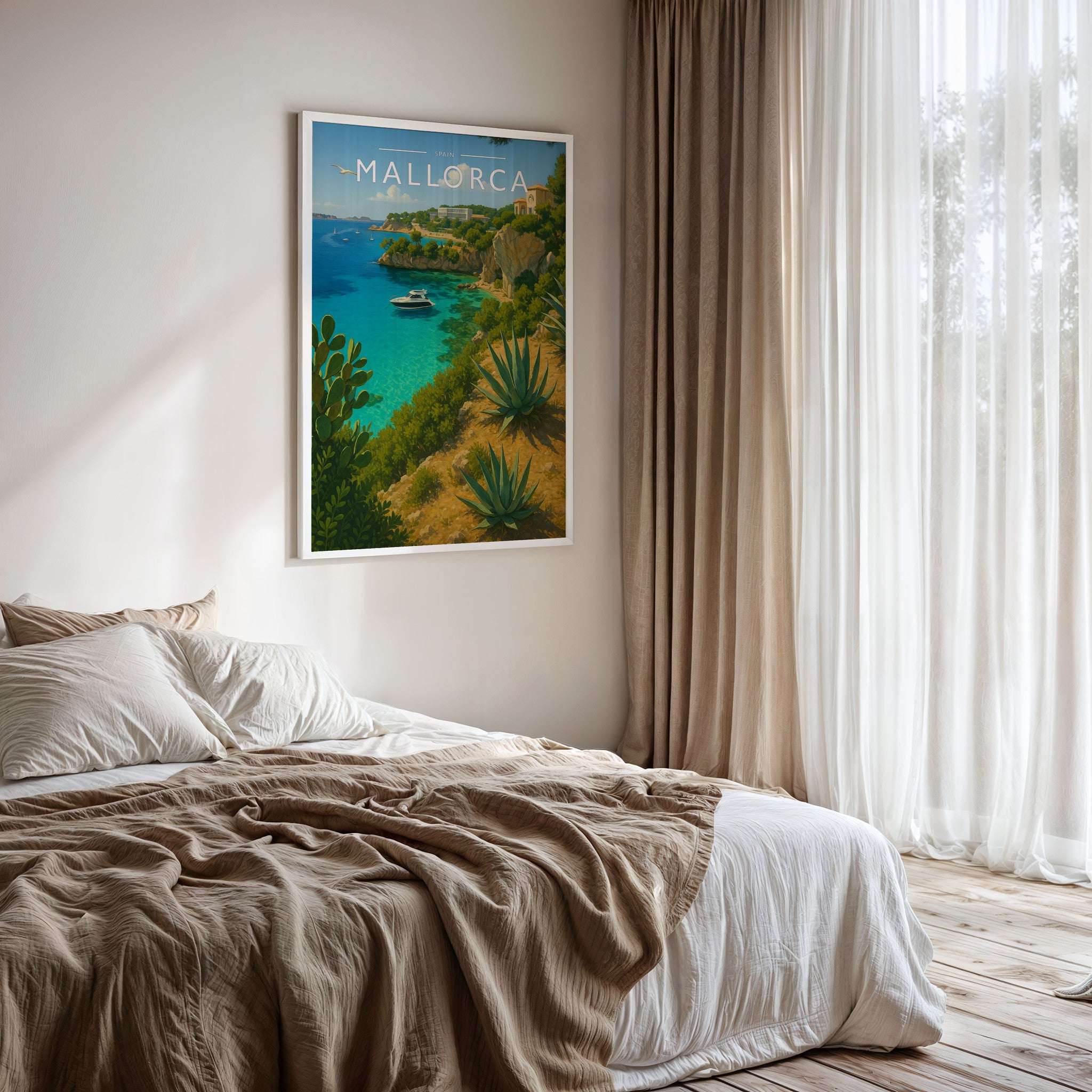 Mallorca Travel Poster framed on a bedroom wall