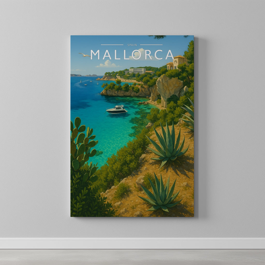 Mallorca Travel Poster as a gallery-wrapped canvas on a plain wall