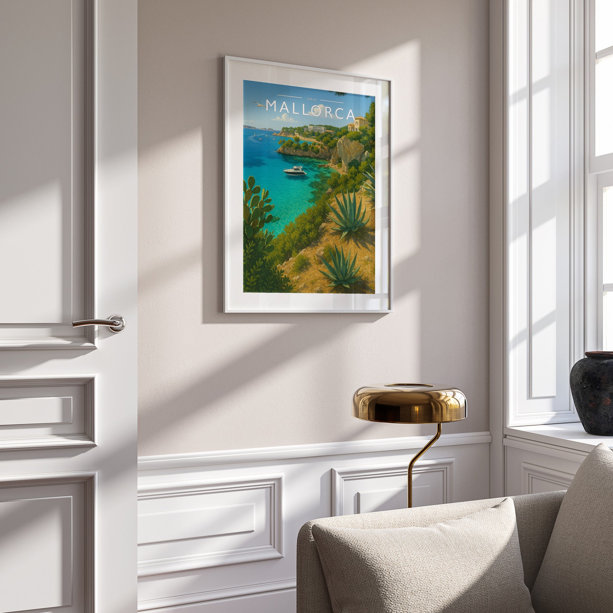 Mallorca Travel Poster in a white frame on a panelled wall