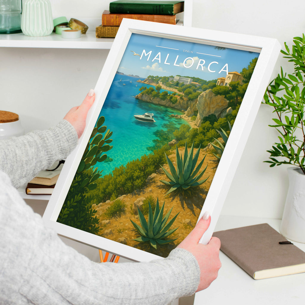 Mallorca Travel Poster in a white frame, held to show scale