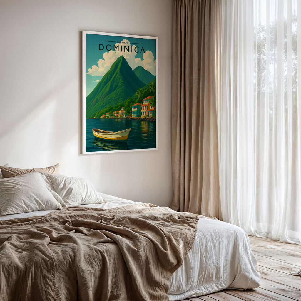 Dominica Travel Poster framed on a bedroom wall