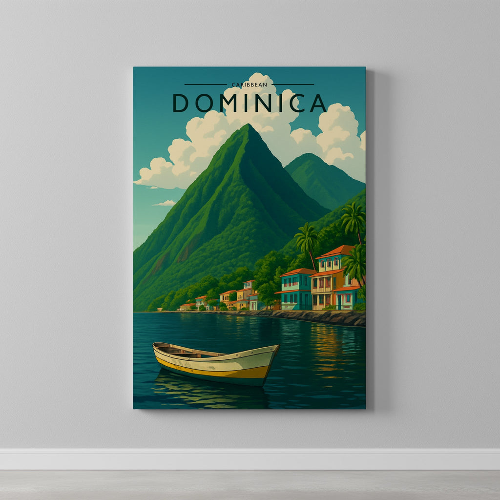 Dominica Travel Poster as a gallery-wrapped canvas on a plain wall