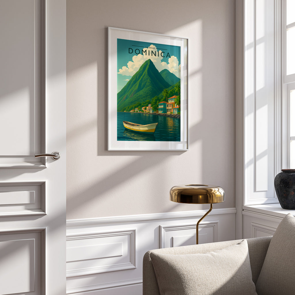Dominica Travel Poster in a white frame on a panelled wall