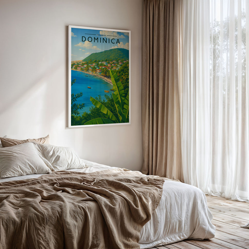 Dominica #2 Travel Poster framed on a bedroom wall