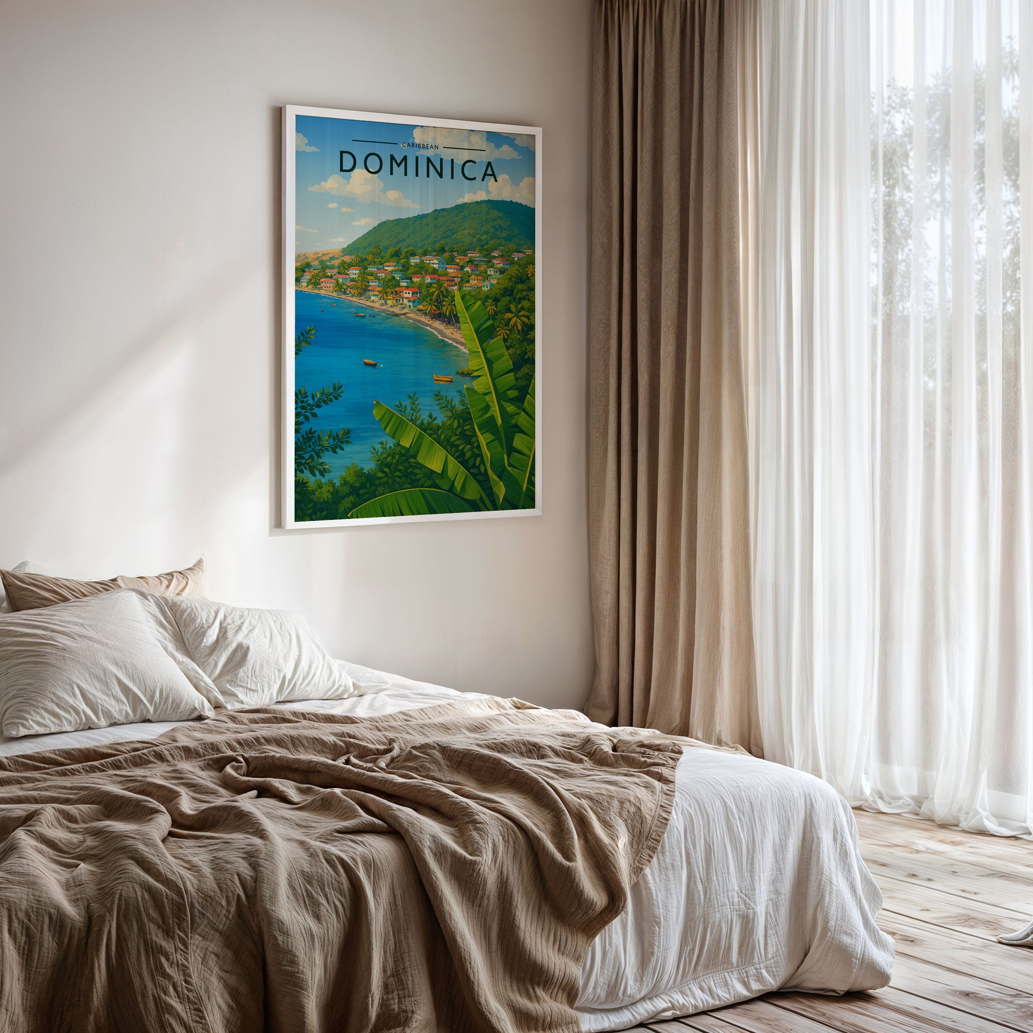 Dominica #2 Travel Poster framed on a bedroom wall