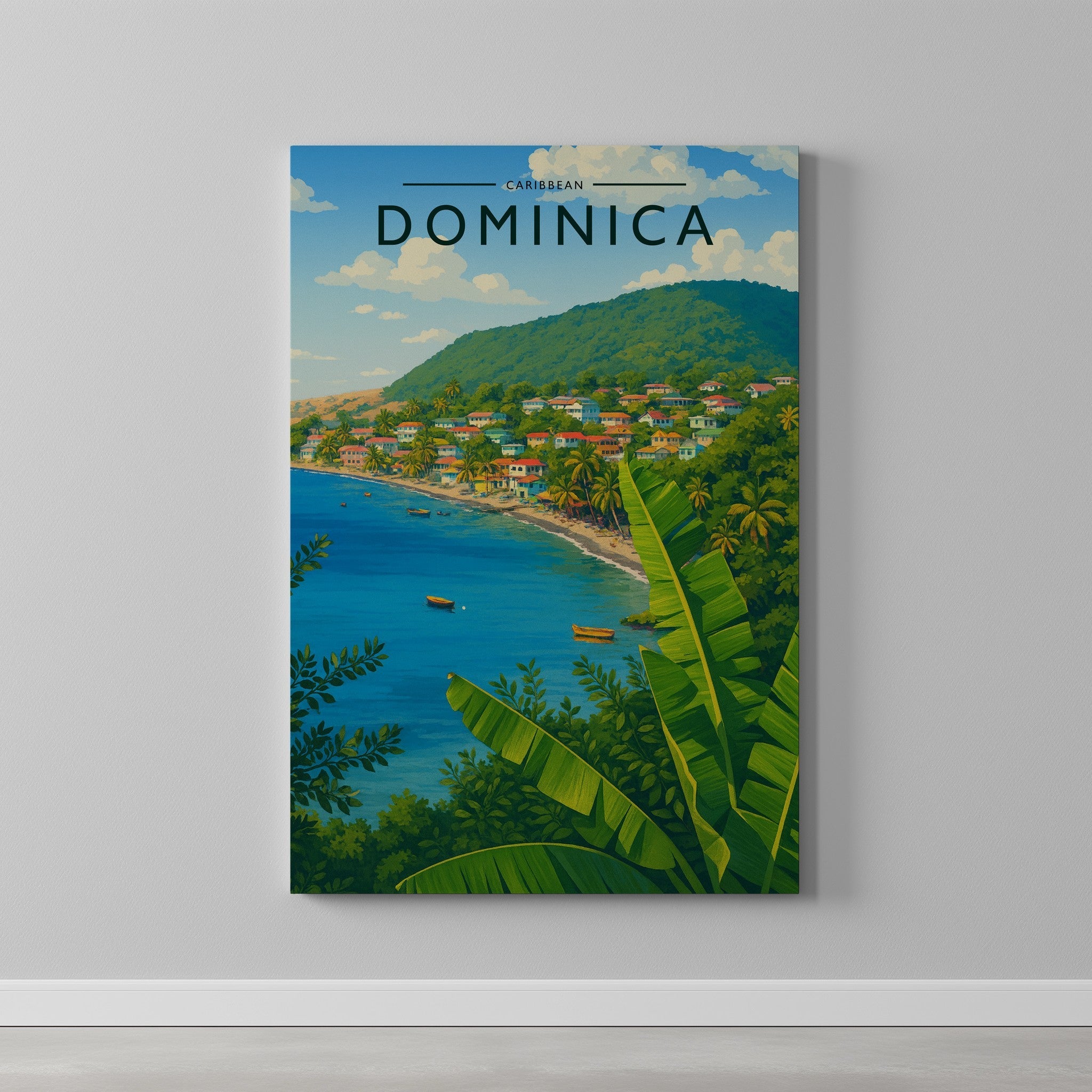 Dominica #2 Travel Poster as a gallery-wrapped canvas on a plain wall