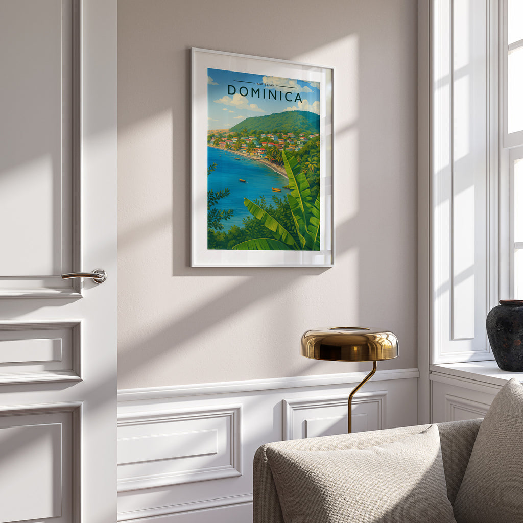 Dominica #2 Travel Poster in a white frame on a panelled wall