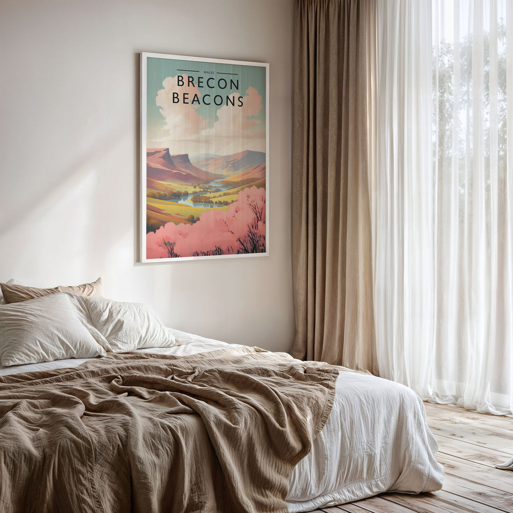 Brecon Beacons Travel Poster framed on a bedroom wall