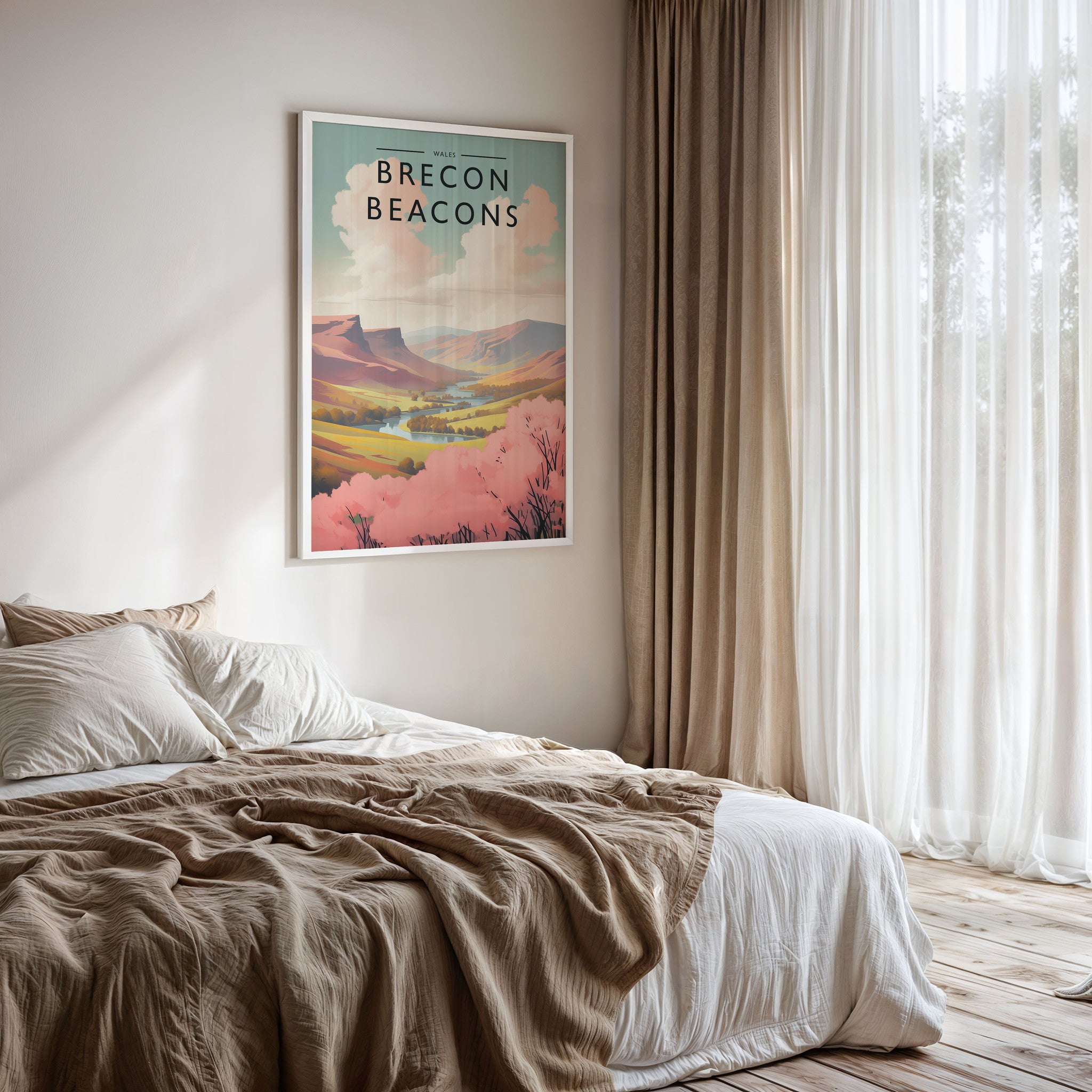 Brecon Beacons Travel Poster framed on a bedroom wall