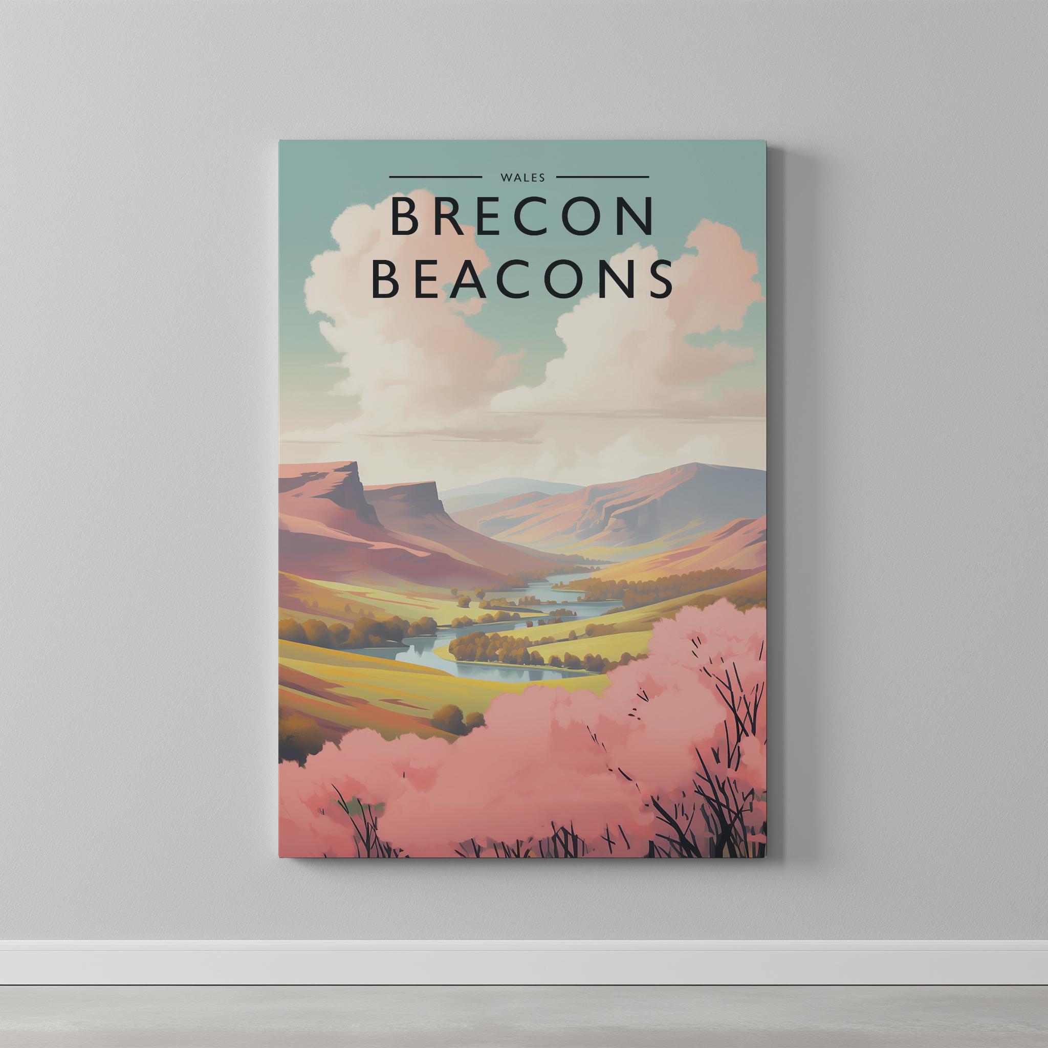 Brecon Beacons Travel Poster as a gallery-wrapped canvas on a plain wall