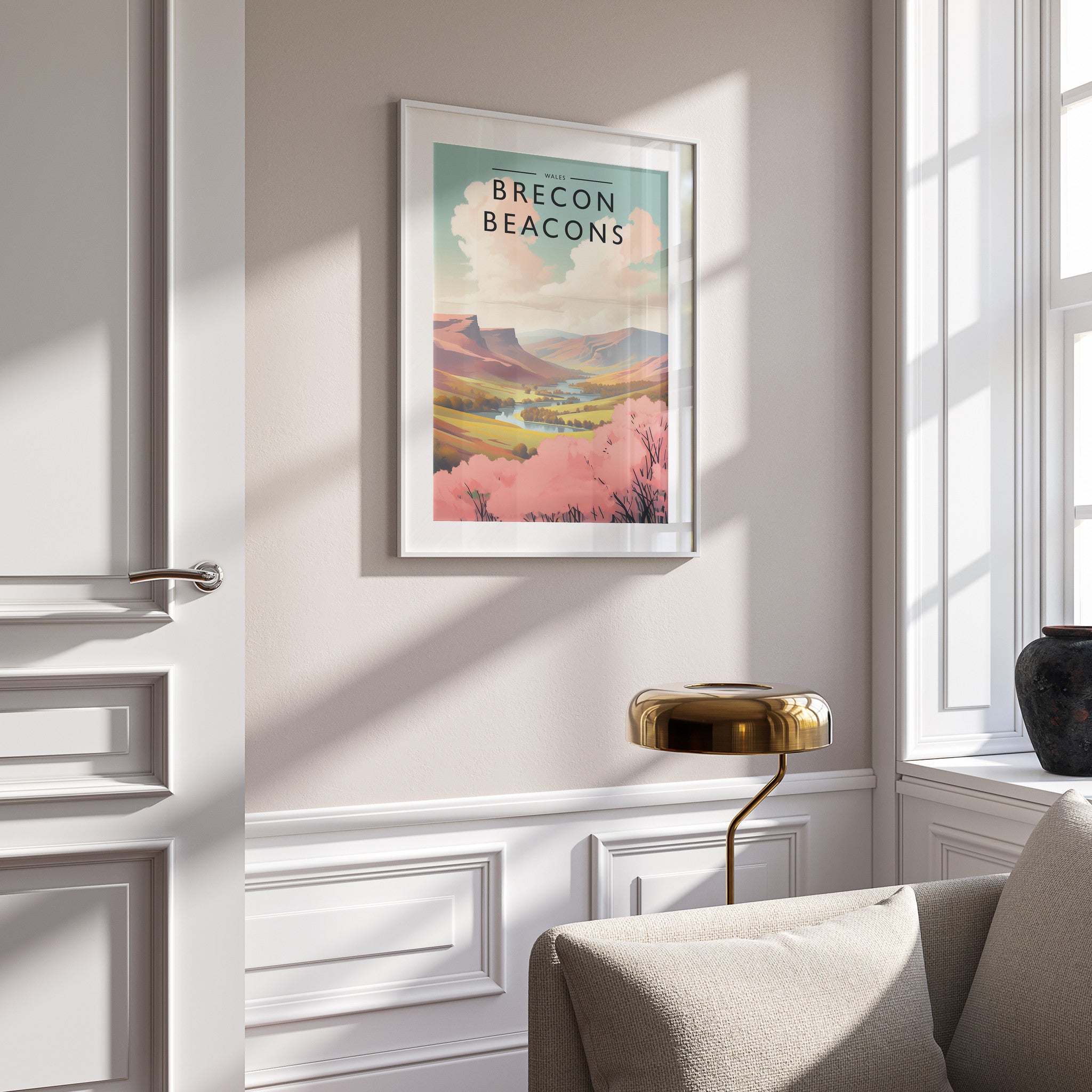 Brecon Beacons Travel Poster in a white frame on a panelled wall