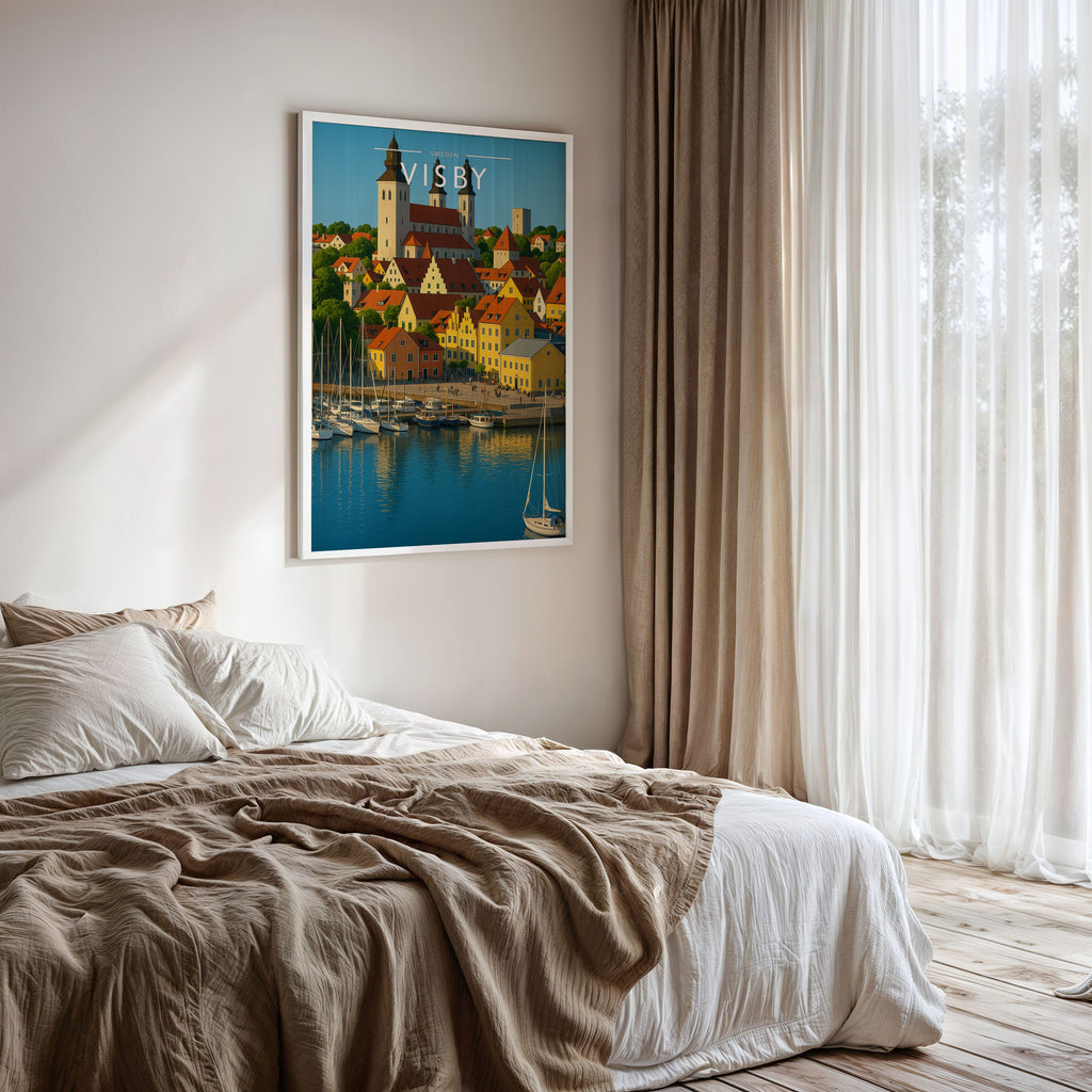 Visby Travel Poster framed on a bedroom wall