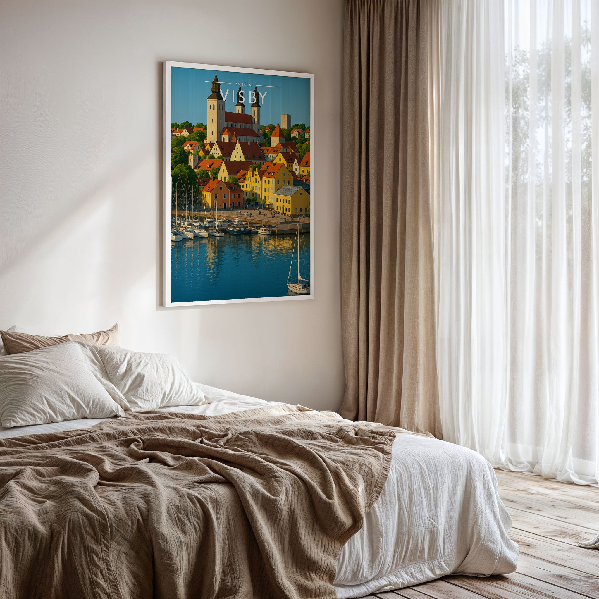 Visby Travel Poster framed on a bedroom wall