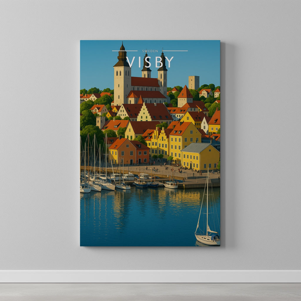 Visby Travel Poster as a gallery-wrapped canvas on a plain wall