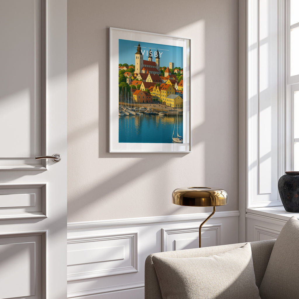 Visby Travel Poster in a white frame on a panelled wall