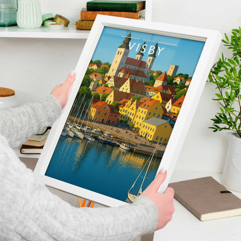Visby Travel Poster in a white frame, held to show scale