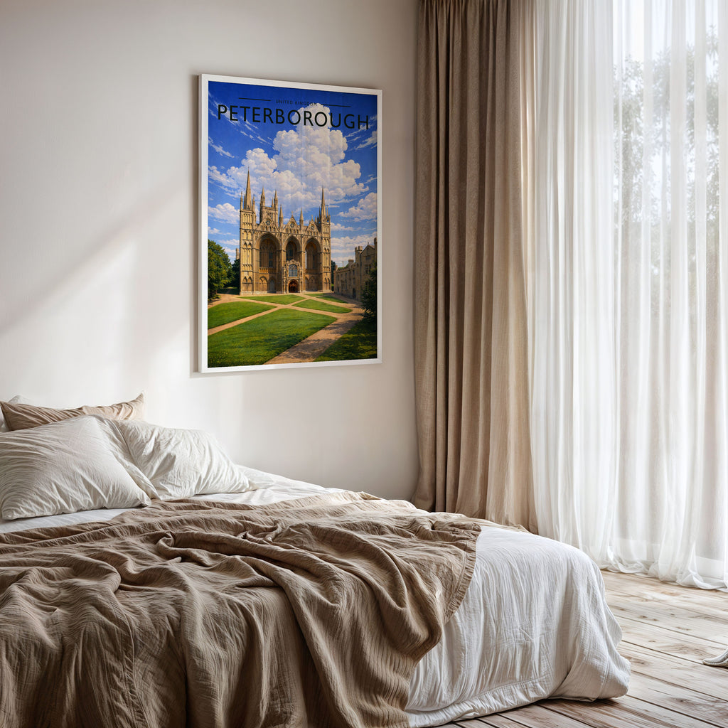 Peterborough #3 Travel Poster framed on a bedroom wall
