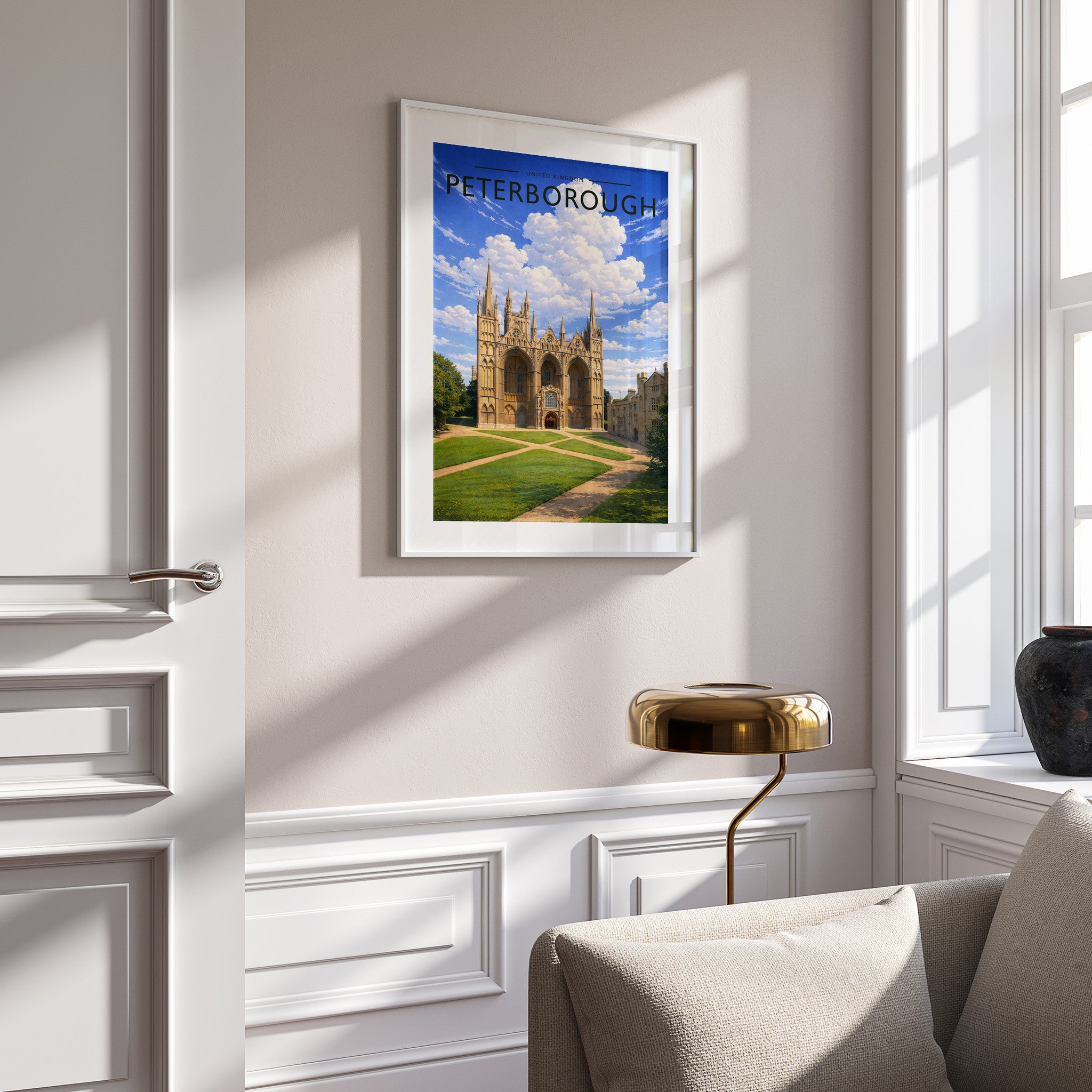 Peterborough #3 Travel Poster in a white frame on a panelled wall