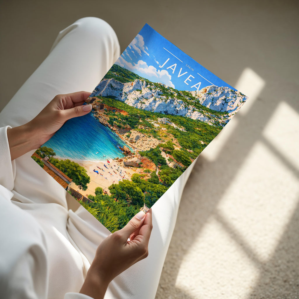 Javea Travel Poster - A4 print held in hand