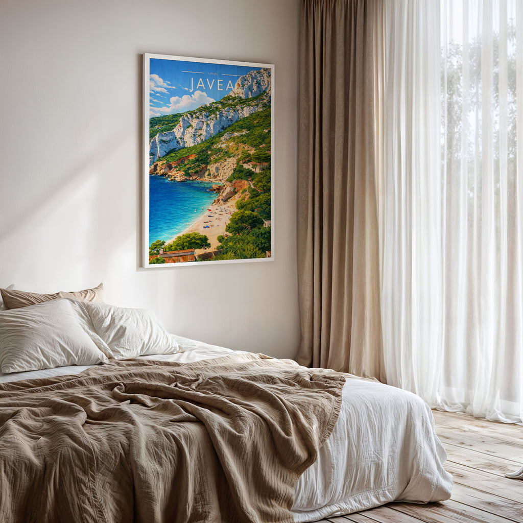Javea Travel Poster framed on a bedroom wall