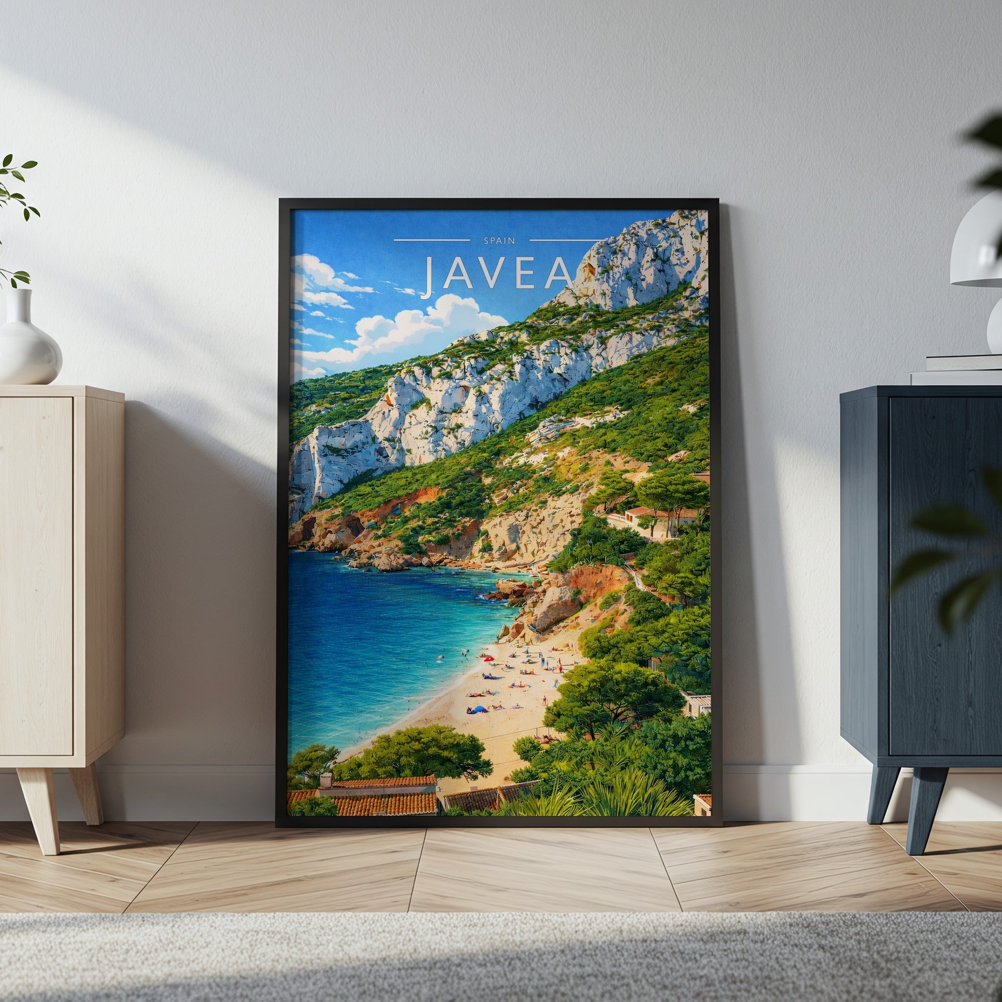 Javea Travel Poster in a black frame